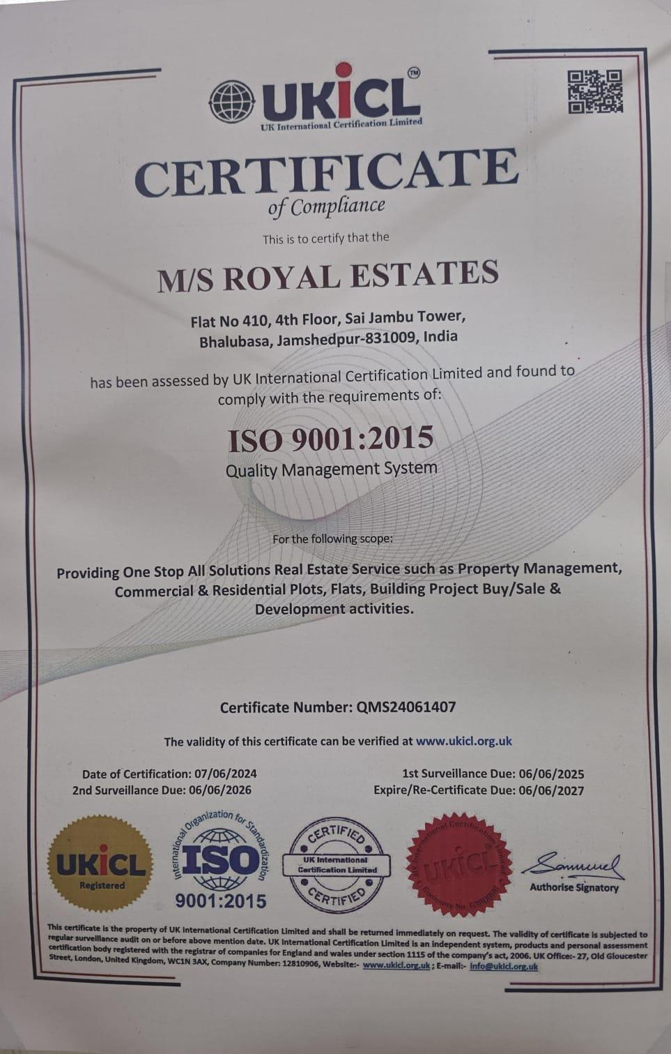 Royal Estates ISO 9001:2015 certificate